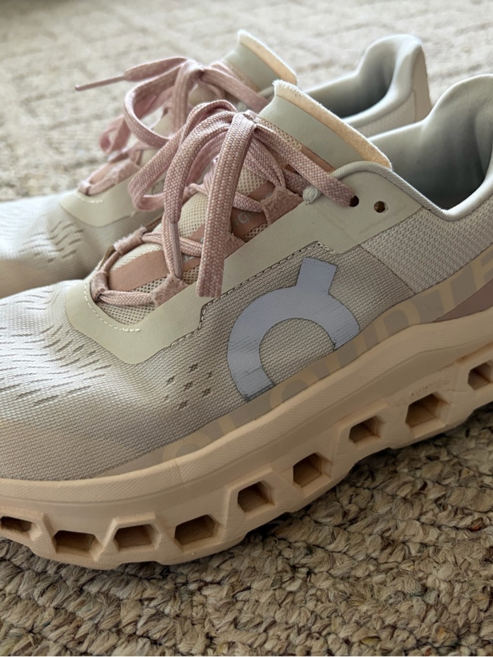On Running Womens Cloudmonster Sneakers in Pale Pink and Cream